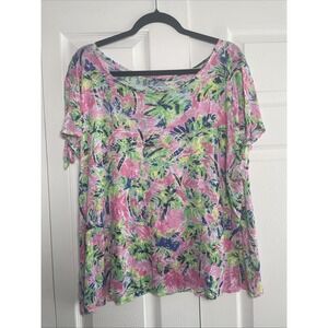 Casey‎ Key Tropical Palm Tree Top Womens 1X Pink Green Rayon Tie Sleeve Resort L